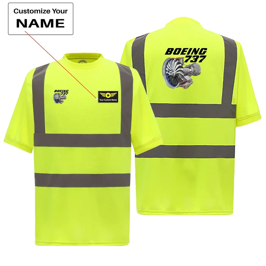Boeing 737+Text & CFM LEAP-1 Engine aviation design printed on soft cotton reflective T-shirt.