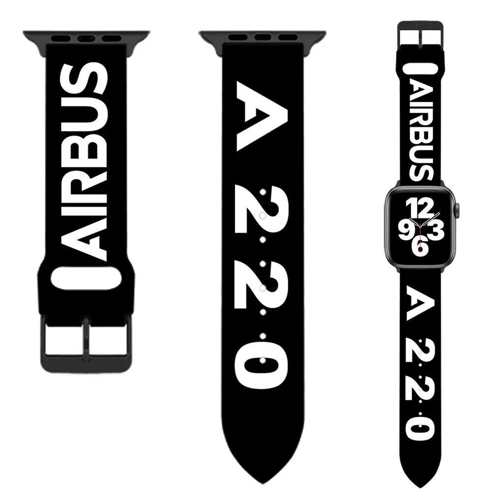 Airbus A220 Flat Text aviation Apple Watch band, soft silicone body with engraved detail.