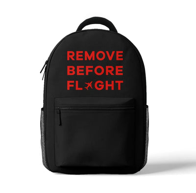Remove Before Flight aviation design backpack, durable polyester construction.