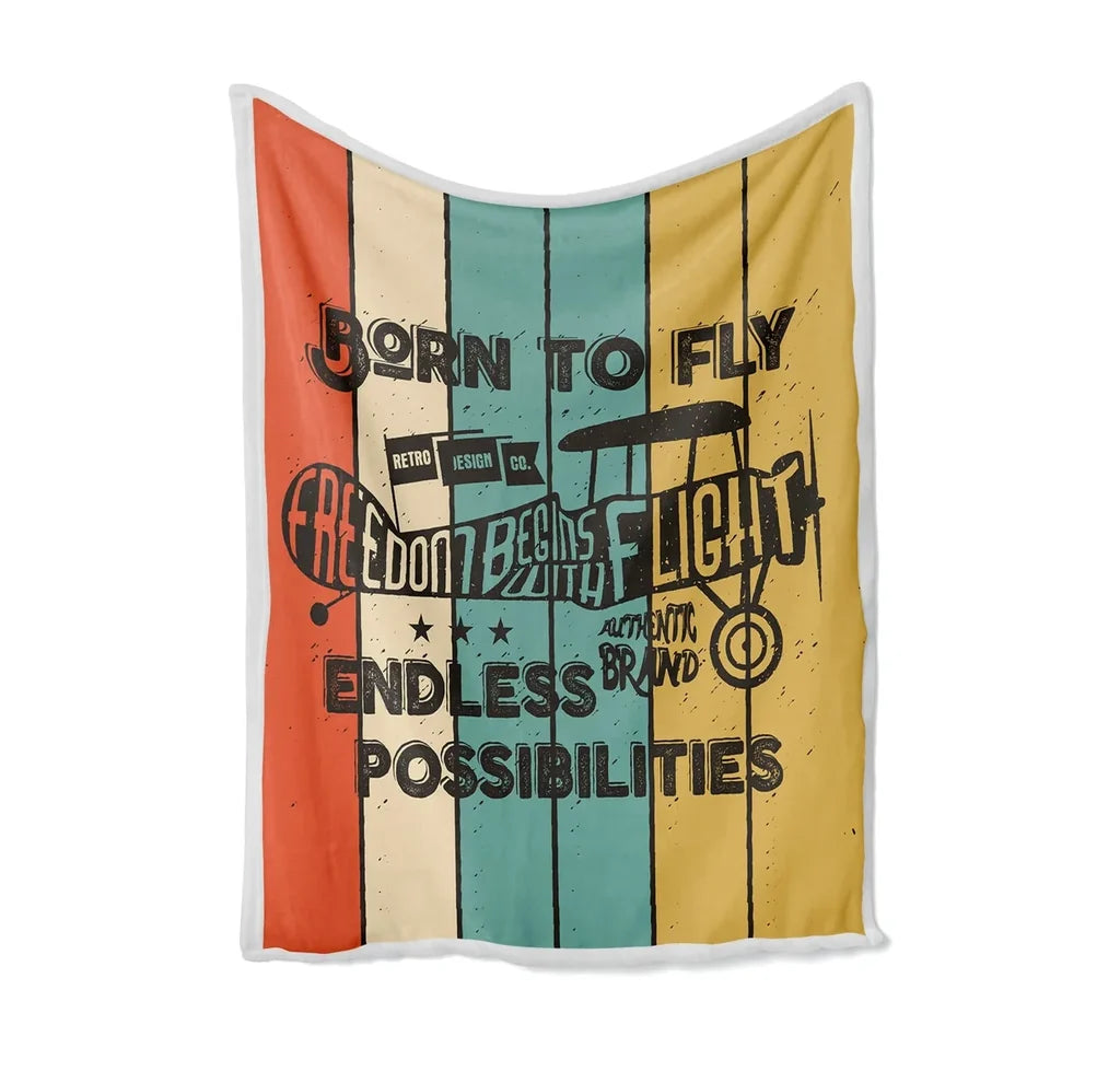 Colourful Born To Fly Bed Blankets & aviation print on soft fleece blanket.