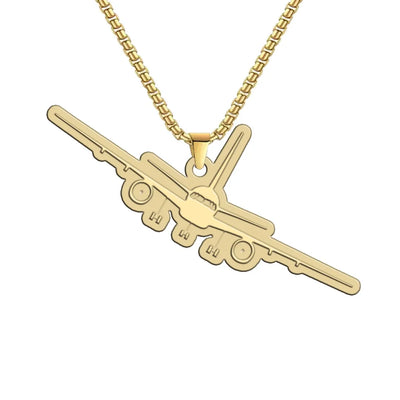 Boeing 757 Silhouette aviation-themed hollow necklace, polished metal.