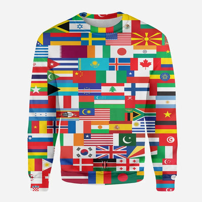 World Flags aviation design printed on soft cotton blend 3D sweatshirt.