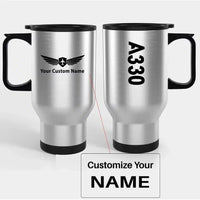 Thumbnail for Airbus A330 Text Travel Mugs (With Holder) aviation design on travel mug with holder, insulated double-wall with car-cup base.