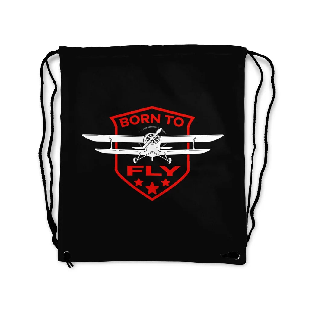 Born To Fly aviation print drawstring bag, lightweight polyester.