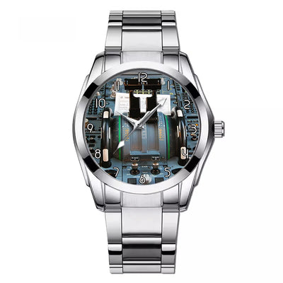 Airbus A320 Cockpit aviation-themed watch with stainless steel band, polished stainless steel.