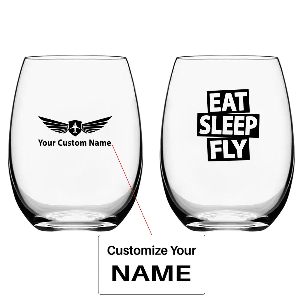 Eat Sleep Fly Water & Drink aviation design on water glass, crystal-clear premium glassware.