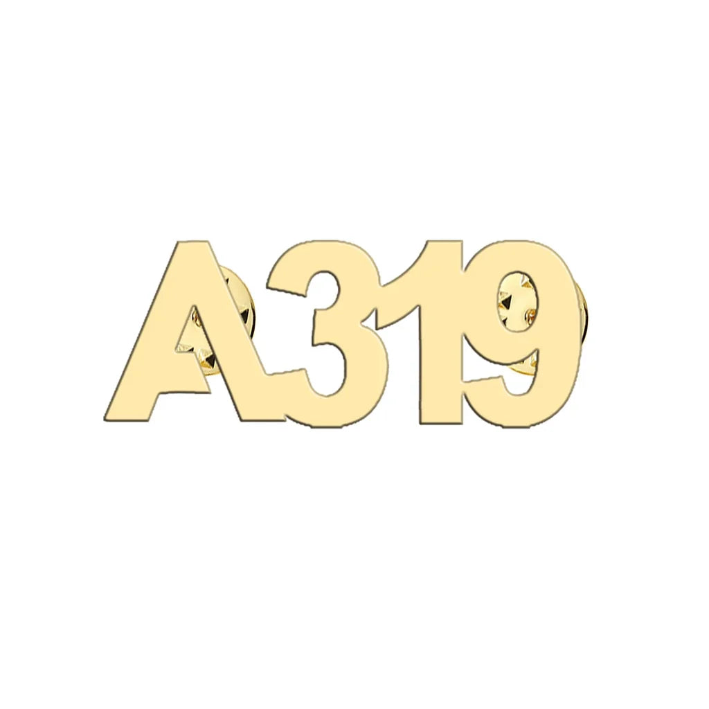 Airbus A319 Flat Text aviation hollow pin in polished alloy.