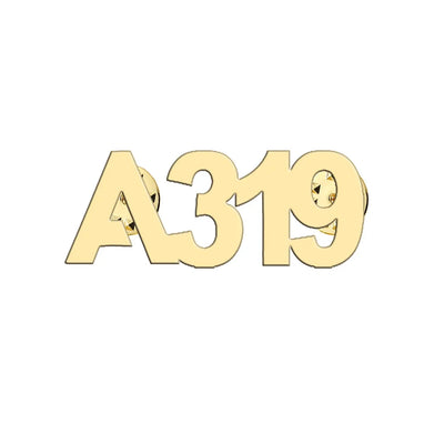 Airbus A319 Flat Text aviation hollow pin in polished alloy.
