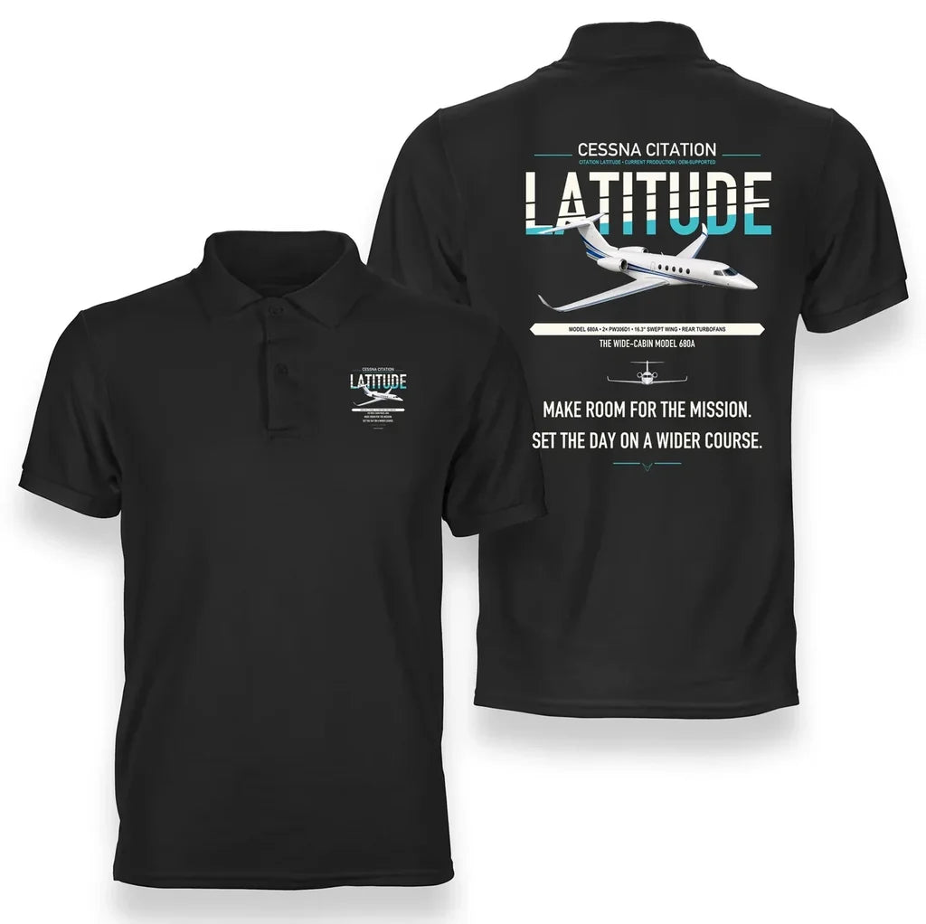 Cessna Citation Latitude design on black double-side polo t-shirt, double-side print