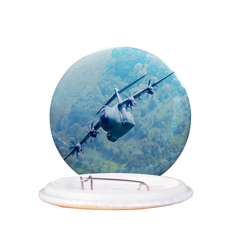 Cruising Airbus A400M aviation design pin in polished enamel.
