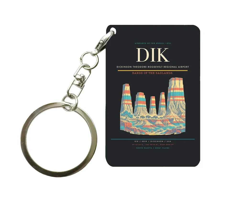Dickinson Theodore Roosevelt Regional Airport (DIK) design on black key chain