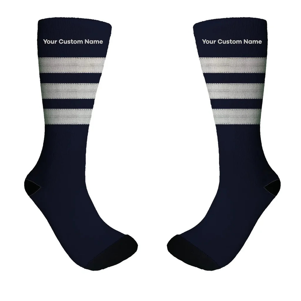 Pilot Epaulette (Silver) 3 Lines + NAME aviation design on soft cotton blend socks.