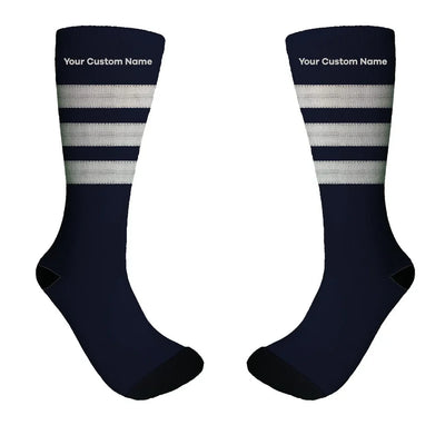 Pilot Epaulette (Silver) 3 Lines + NAME aviation design on soft cotton blend socks.
