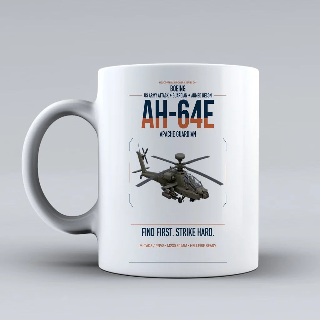 Boeing AH-64E Apache Guardian design on white ceramic mug, double-side print