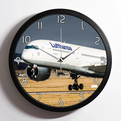 Lufthansa A350 aviation design on premium wood and metal wall clock.