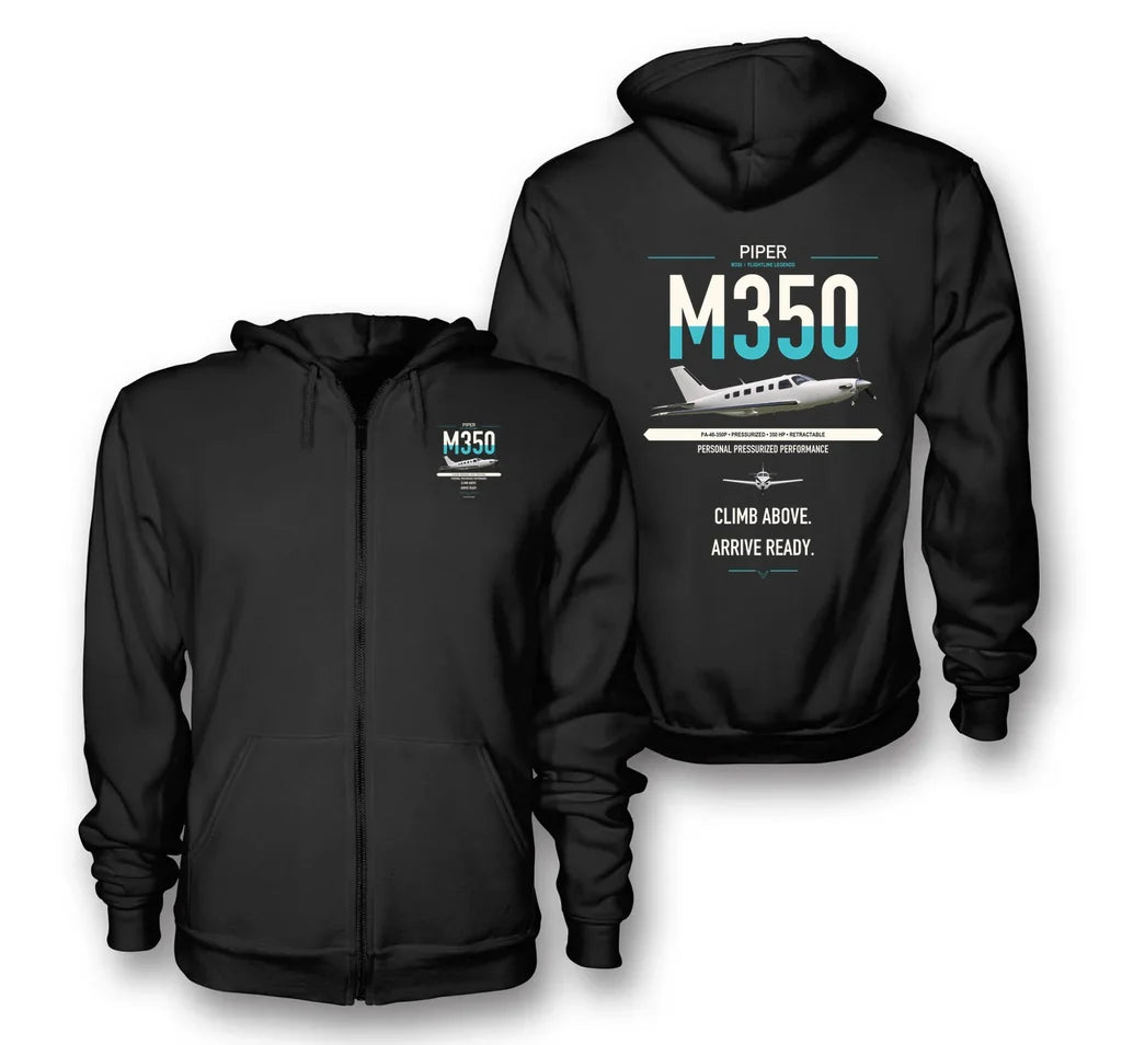 Piper M350 design on black premium zipped hoodie, double-side print