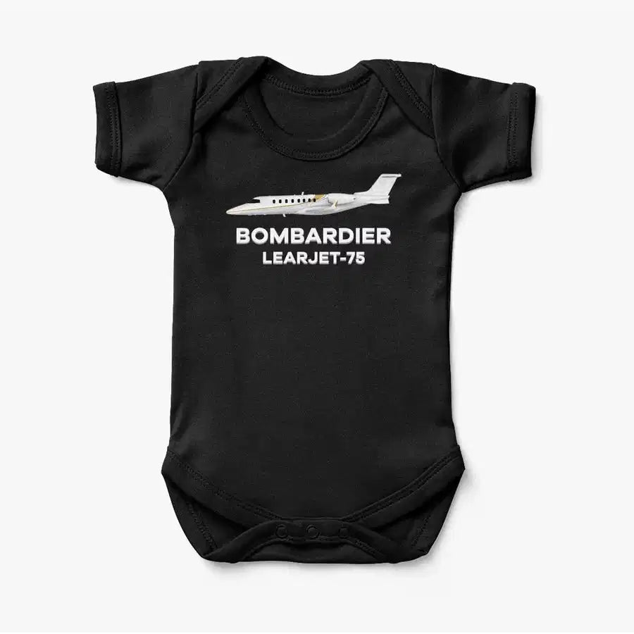 The Bombardier Learjet 75 aviation print on kids gentle cotton bodysuit.