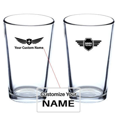 Born To Fly & Badge Beer & aviation design on beer water glass, versatile drinkware.