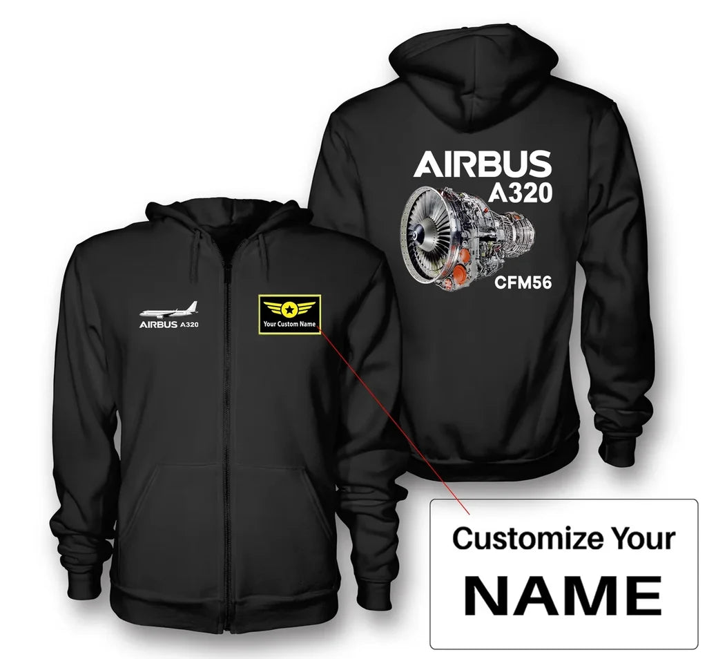 Airbus A320 & CFM56 Engine aviation design on soft cotton blend zipped hoodie.