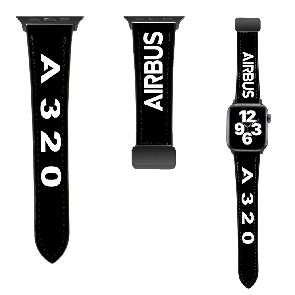 Airbus A320 Flat Text leather apple watch band - black