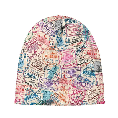 Passport Stamps aviation embroidery on soft knit fabric 3D knit beanie.
