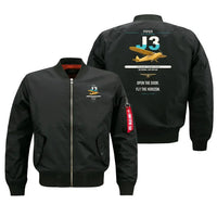 Thumbnail for Piper J-3 Cub design on black bomber jacket, double-side print