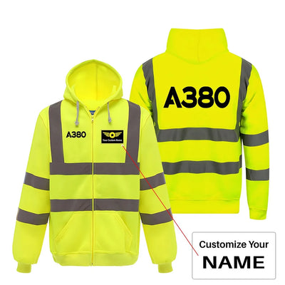 Airbus A380 Flat Text aviation design on cotton blend with reflective panels reflective zipped hoodie.