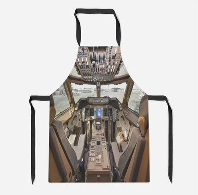Boeing 747 Cockpit aviation design on durable cotton blend kitchen apron.