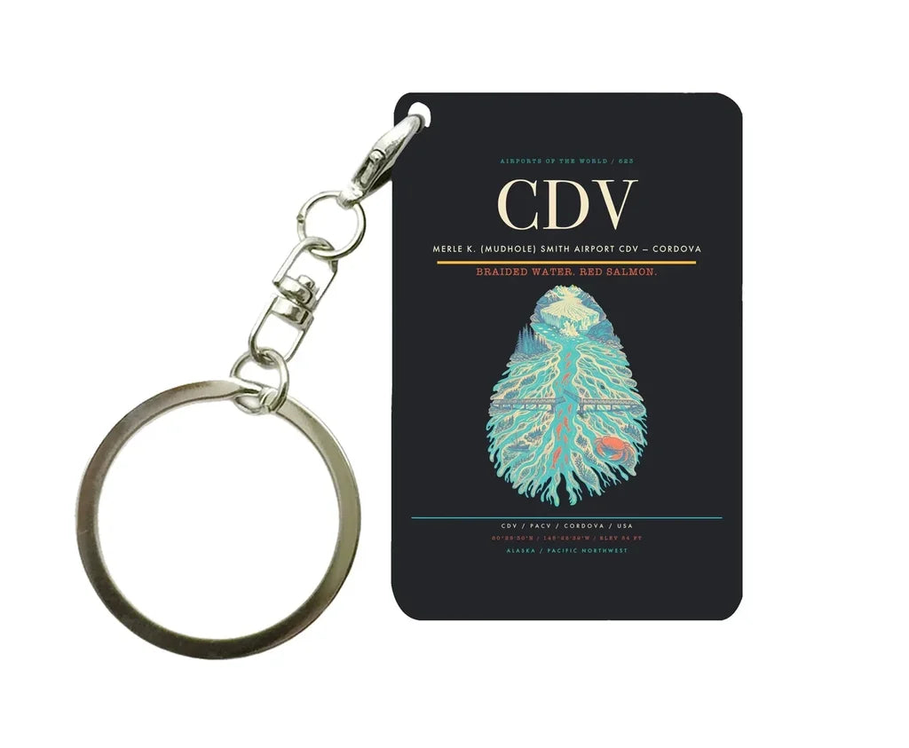 Merle K. (Mudhole) Smith Airport (CDV) design on black key chain