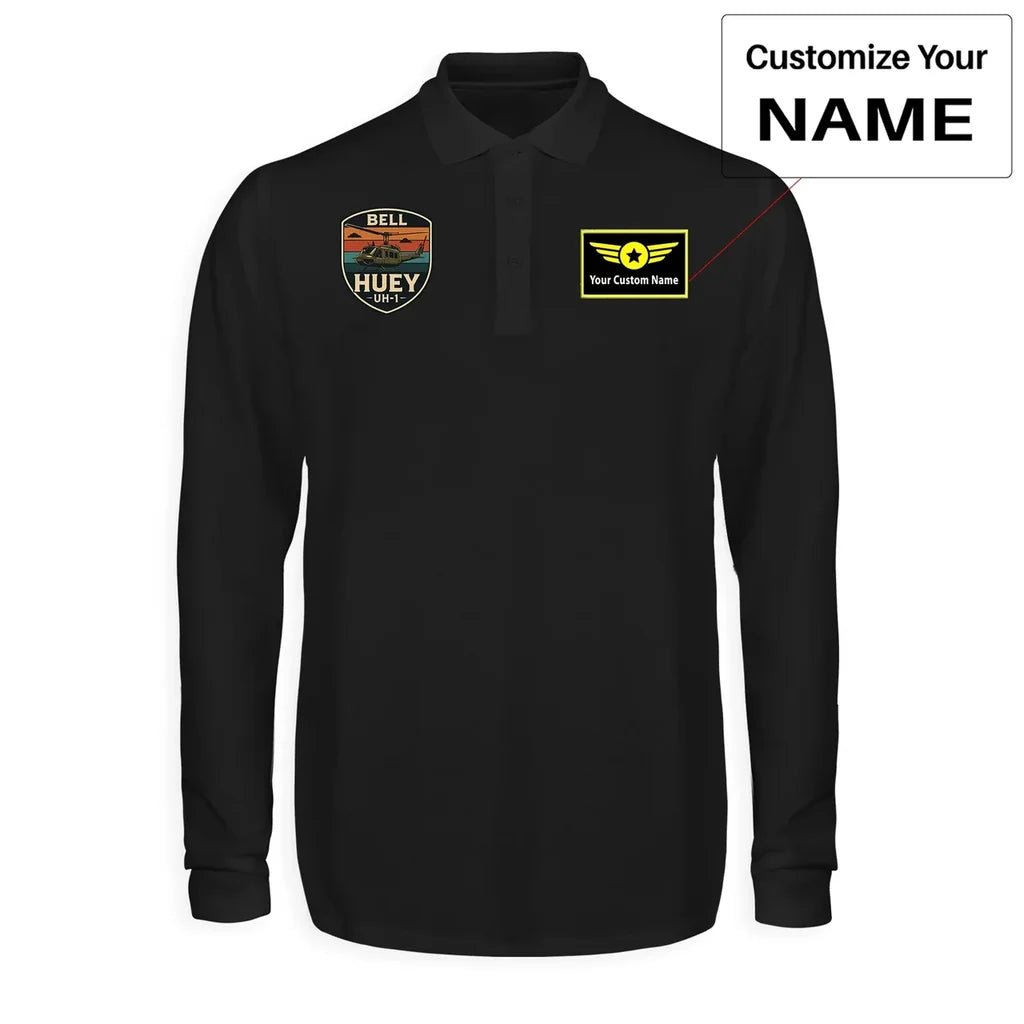 Retro BELL HUEY UH-1 aviation design printed on soft cotton long-sleeve polo shirt.