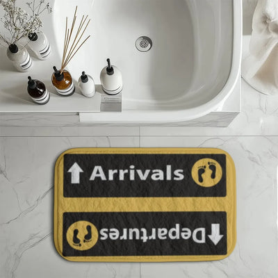 Departures & Arrivals 5 aviation print bath mat, soft absorbent fabric with non-slip backing.