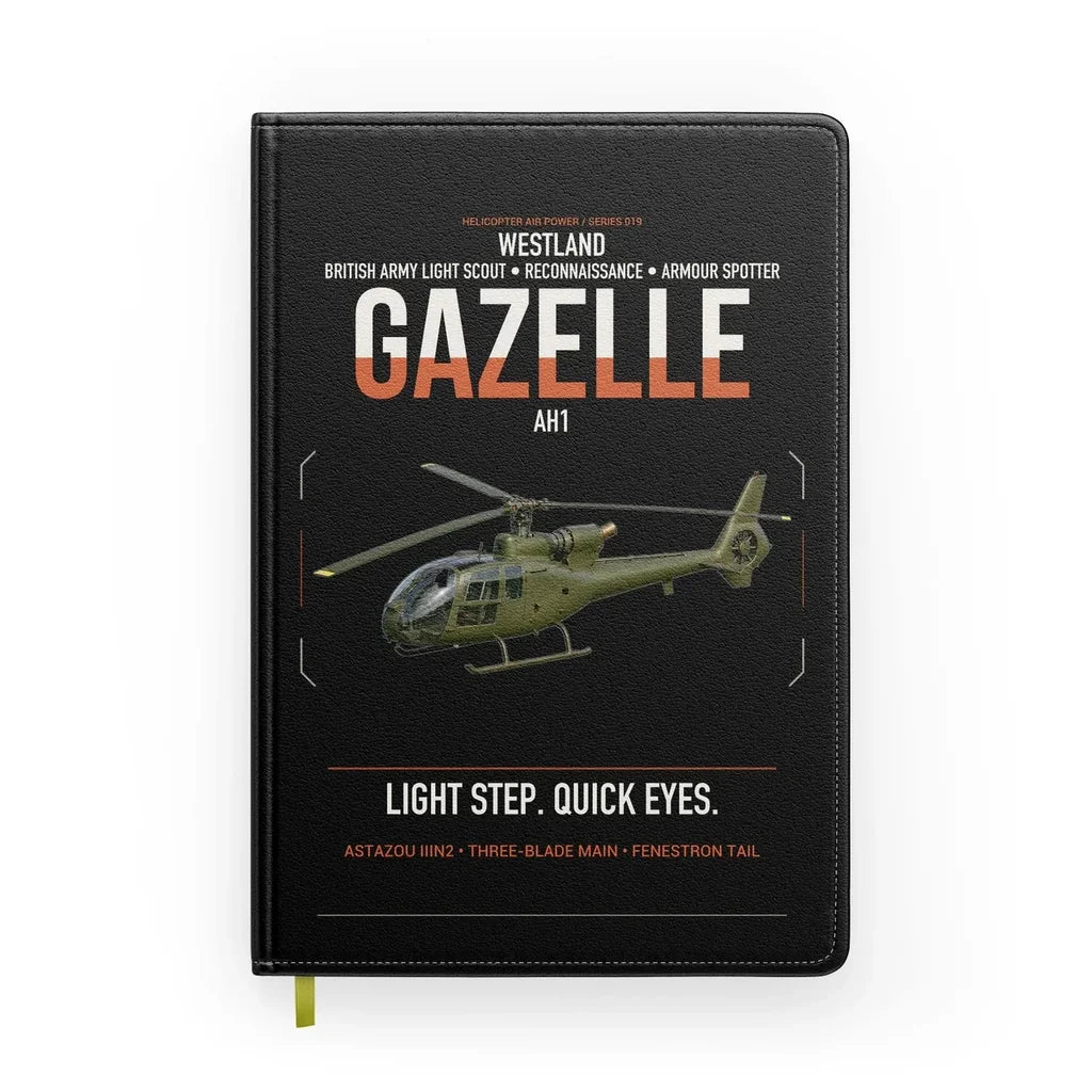 Westland Gazelle AH1 design on black notebook