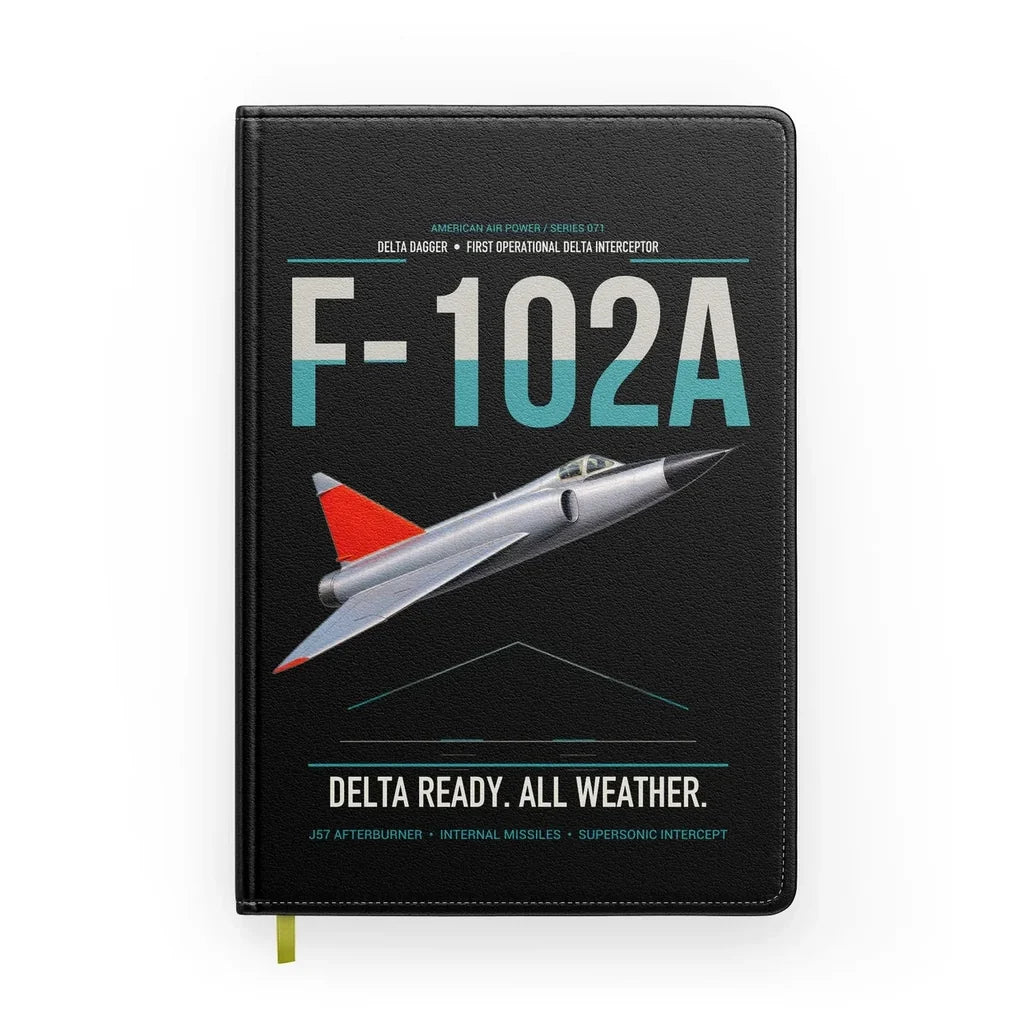 F-102A Delta Dagger design on black notebook