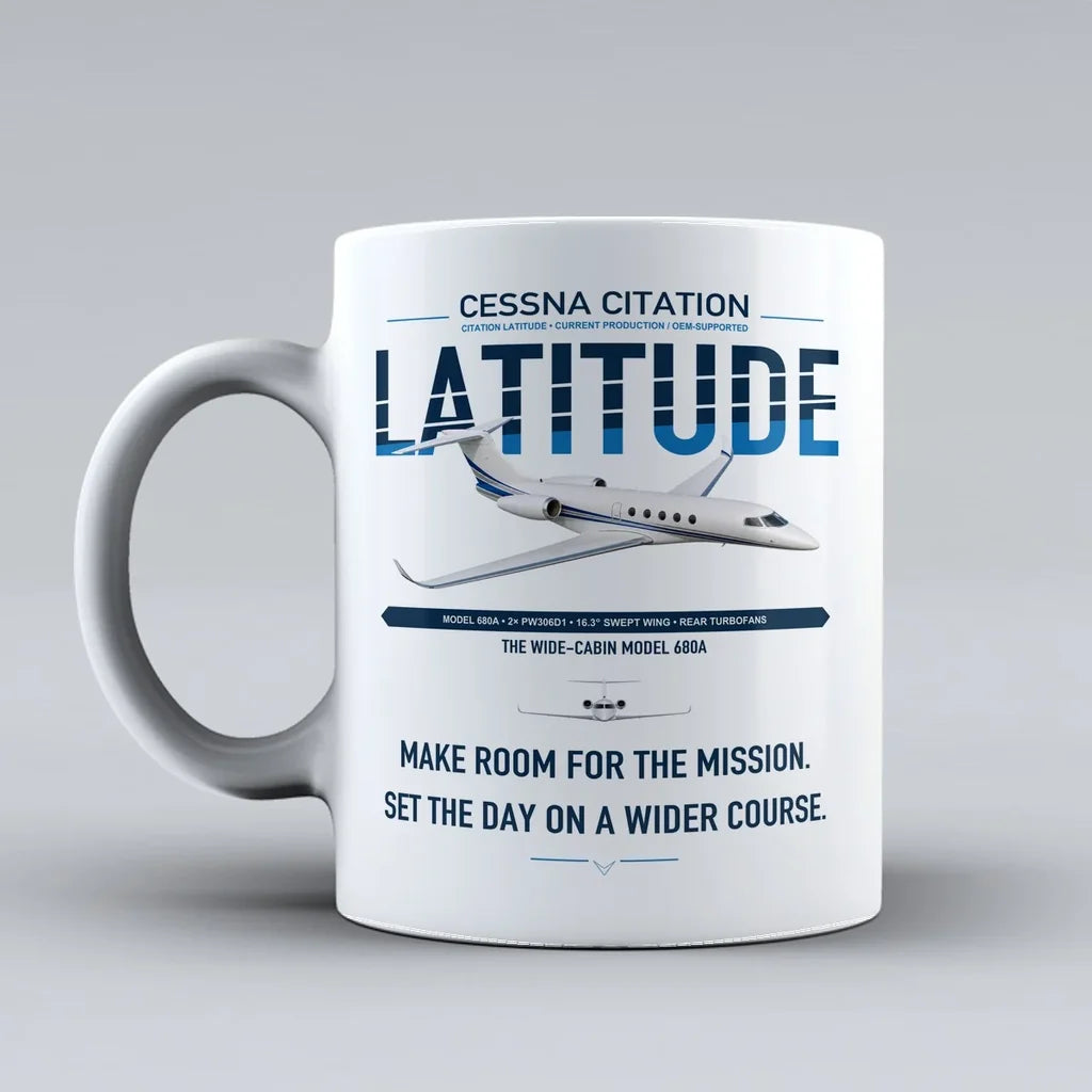 Cessna Citation Latitude design on white ceramic mug, double-side print