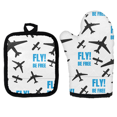 Fly Be Free White Kitchen Glove & Holder aviation design on durable fabric with insulated lining kitchen glove holder.