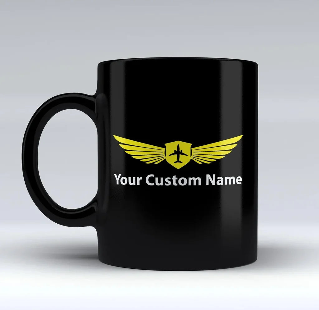 Custom Name "Badge 2" aviation design on black mug, matte black ceramic finish.