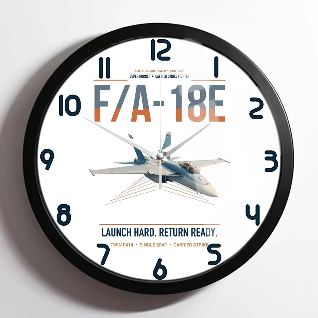 F-A-18E Super Hornet design on white framed wall clock