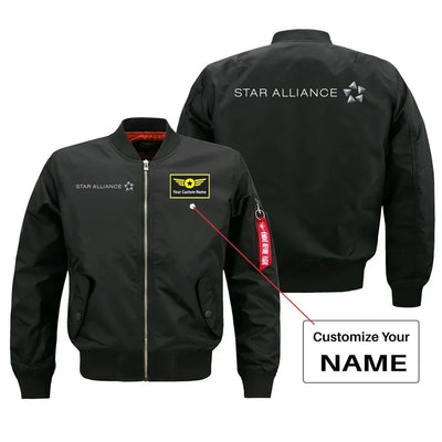 Star Alliance Airlines aviation design with custom name embroidered on black bomber jacket