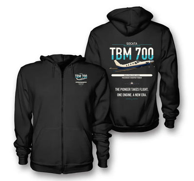 Socata TBM 700 design on black premium zipped hoodie, double-side print