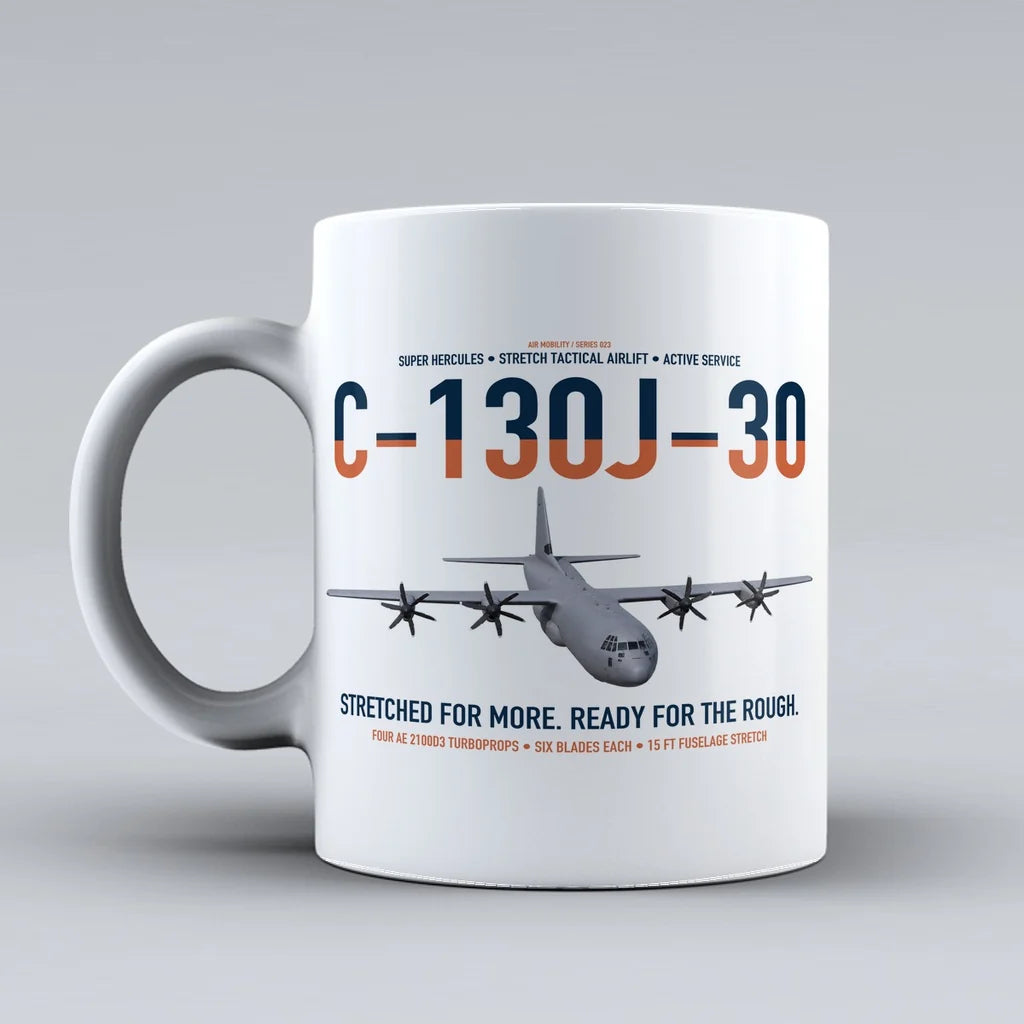 C-130J-30 Super Hercules design on white ceramic mug, double-side print