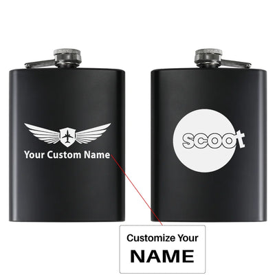 Scoot Airlines aviation design on stainless hip flask, compact pocket-size flask.
