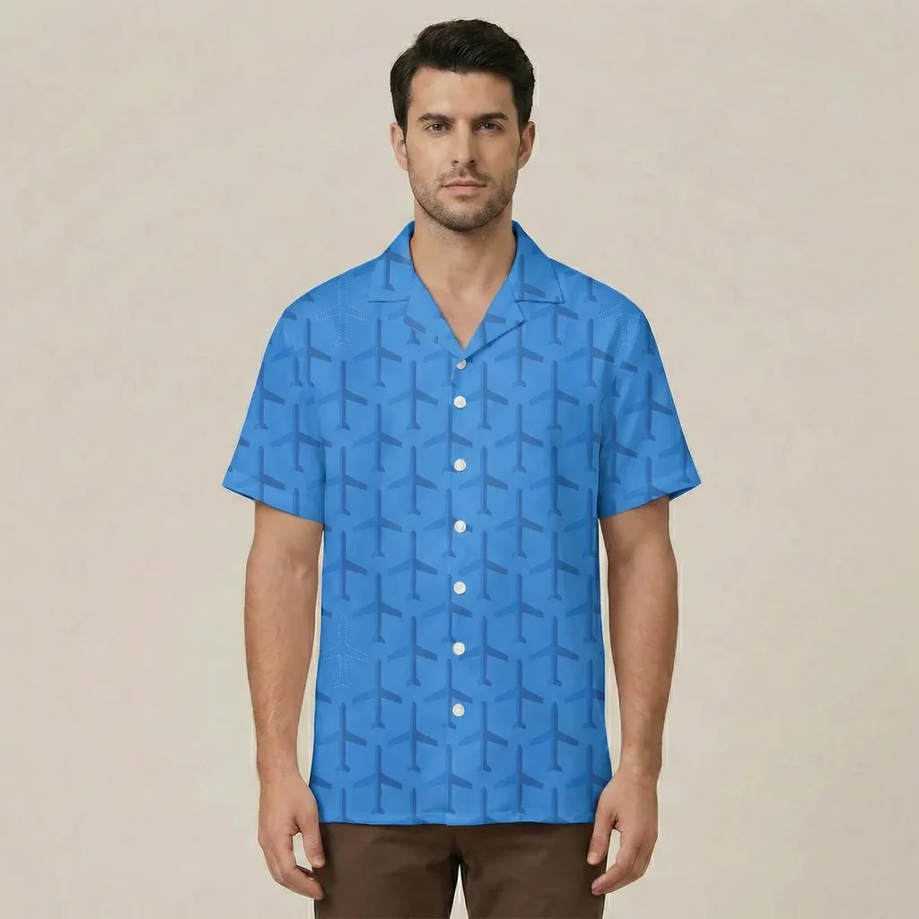 Blue Seamless Airplanes aviation design printed on lightweight cotton blend Hawaiian shirt.