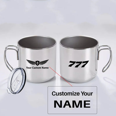 Boeing 777 Flat Text aviation design on portable mug, vacuum-insulated double-wall.