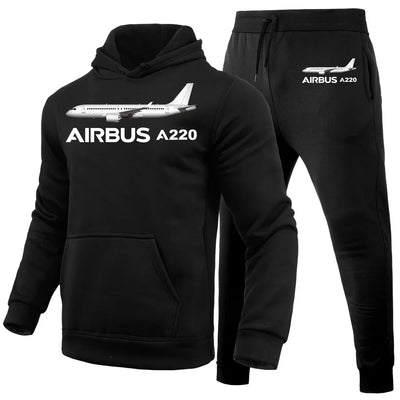 The Airbus A220 aviation design on soft cotton blend hoodie and sweatpants set.