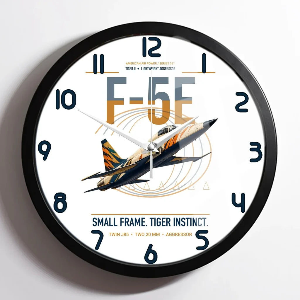 F-5E Tiger II design on white framed wall clock