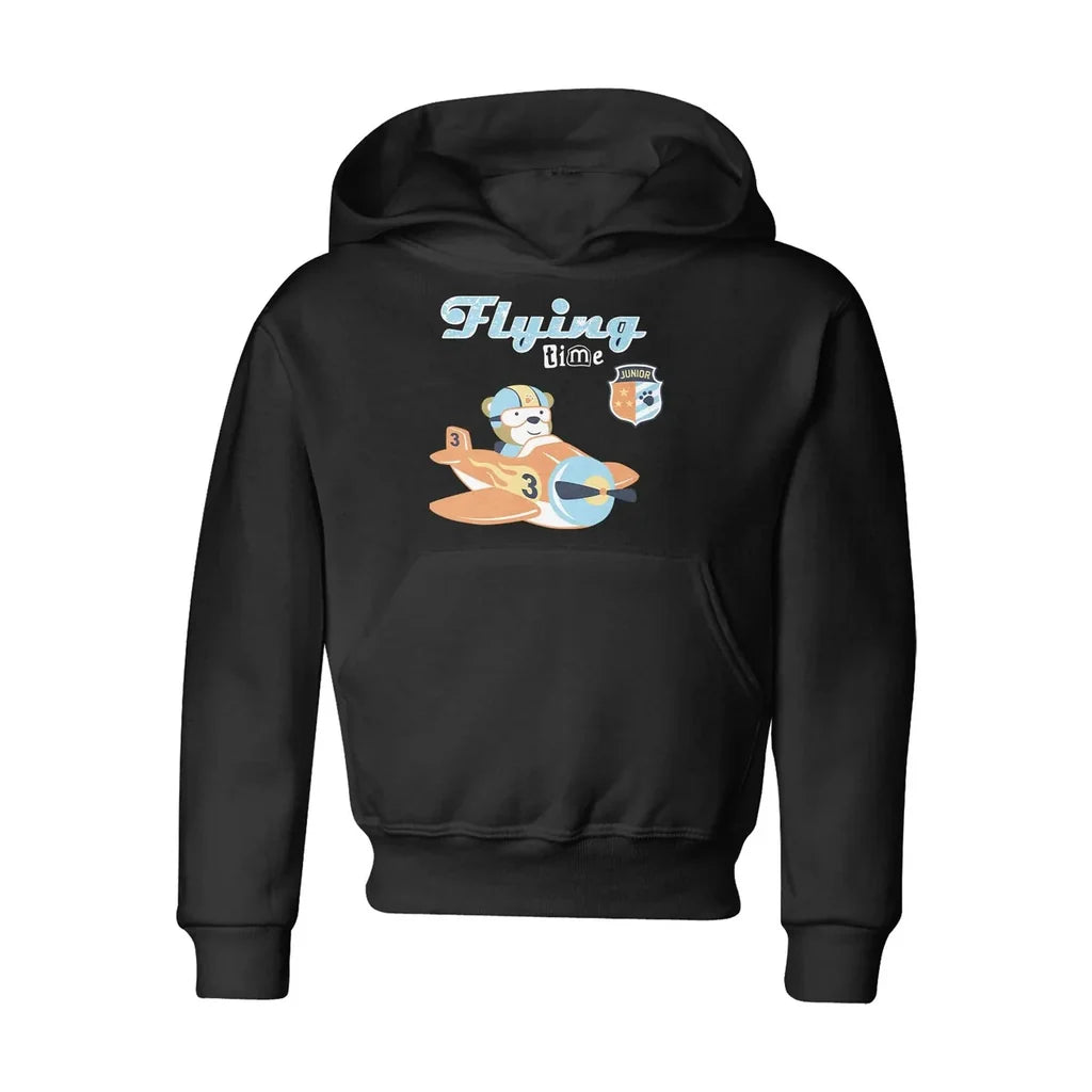 Flying Time & Junior Pilot "CHILDREN" aviation print on kids soft cotton blend hoodie.