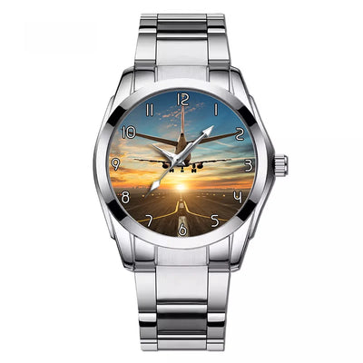Airplane over Runway Towards the Sunrise aviation watch with stainless steel band, stainless steel body with engraved detail.