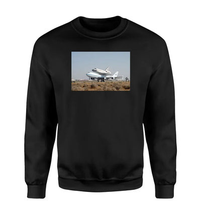 Boeing 747 Carrying Nasa's Space Shuttle aviation design printed on soft cotton blend sweatshirt.