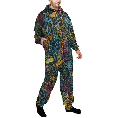 Dark Coloured Passport Stamps Jumpsuit for Men & Women aviation design on soft cotton blend jumpsuit.