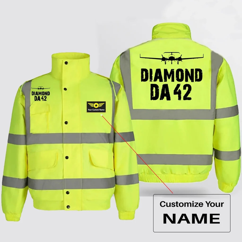 Diamond DA42 & Plane aviation design printed on insulated shell with high-visibility reflective panels reflective winter jacket.